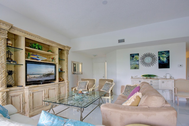 tiled living room with built in features