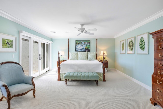 carpeted bedroom with crown molding, ceiling fan, and access to exterior