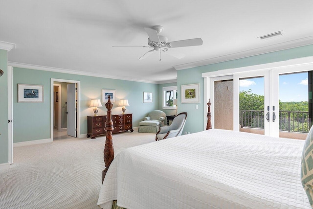 carpeted bedroom featuring french doors, ceiling fan, access to outside, and ornamental molding