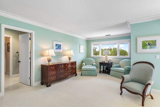 living area with light carpet and crown molding