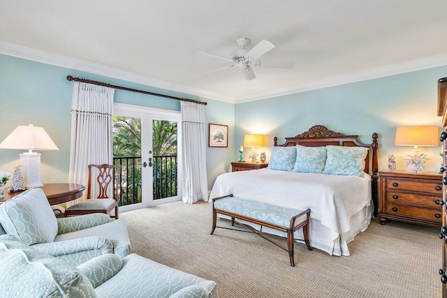 bedroom with access to outside, french doors, crown molding, light colored carpet, and ceiling fan