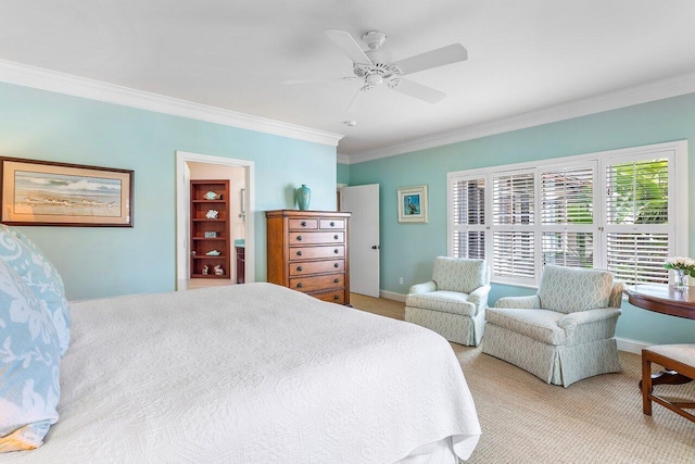 carpeted bedroom with ornamental molding and ceiling fan