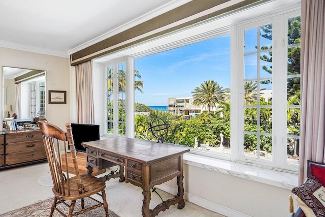 home office featuring ornamental molding and a water view