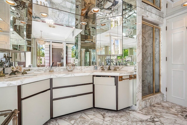 bathroom featuring a shower with shower door, tile floors, dual vanity, and ornamental molding