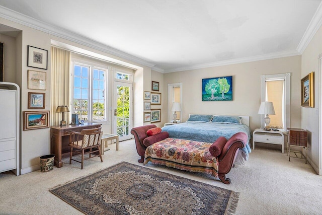 bedroom featuring light carpet and ornamental molding