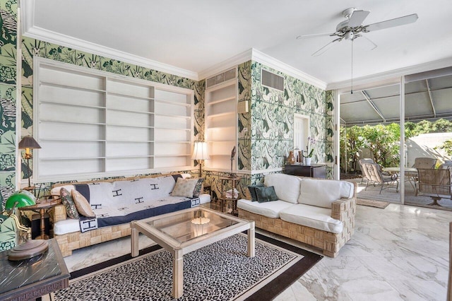 interior space with ceiling fan, tile floors, built in features, and ornamental molding