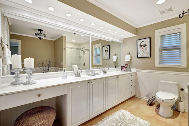 bathroom featuring dual bowl vanity, crown molding, toilet, and tile flooring