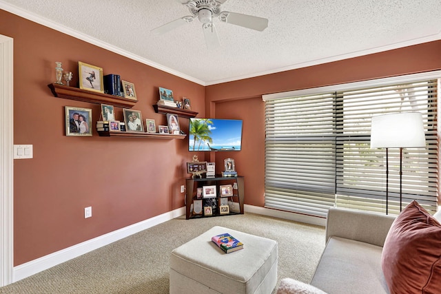 carpeted living room featuring ceiling fan and a textured ceiling