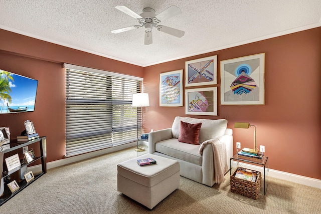 carpeted living room with ceiling fan and a textured ceiling