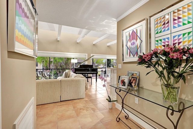 interior space with vaulted ceiling with beams