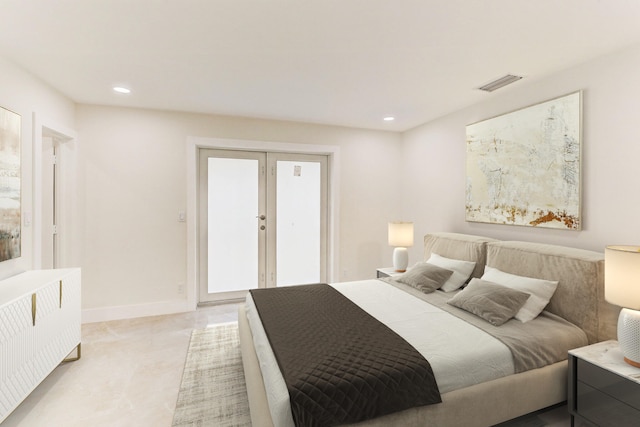 bedroom featuring french doors and radiator heating unit