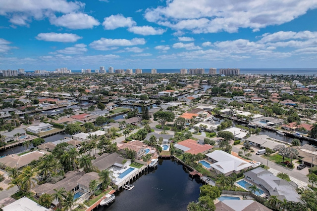 aerial view featuring a water view