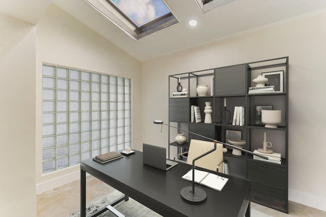 home office with lofted ceiling