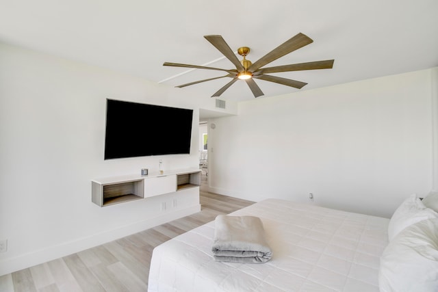 bedroom featuring ceiling fan and light wood-type flooring