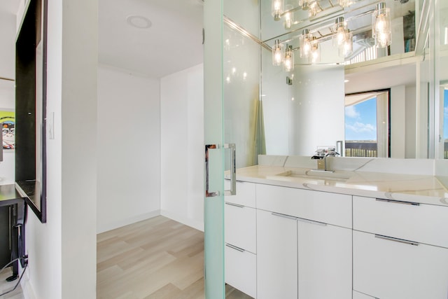 bathroom with hardwood / wood-style flooring and vanity