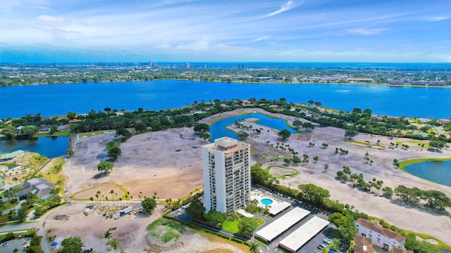 drone / aerial view featuring a water view