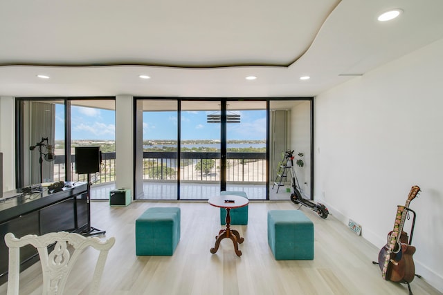 living room with a wall of windows and light wood-type flooring