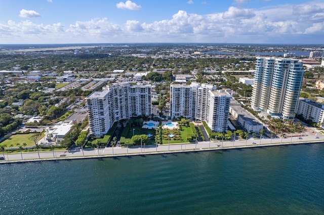 drone / aerial view with a water view