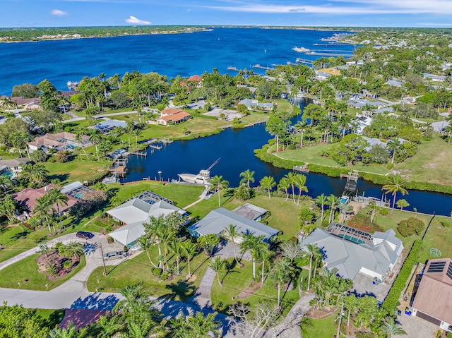 drone / aerial view featuring a water view