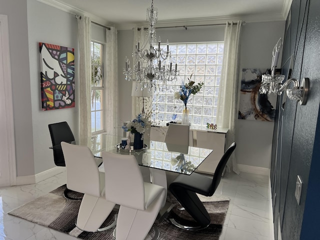 dining room with a chandelier, crown molding, marble finish floor, and baseboards
