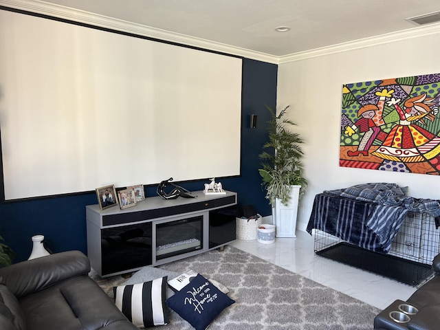 interior space with baseboards, visible vents, recessed lighting, and ornamental molding