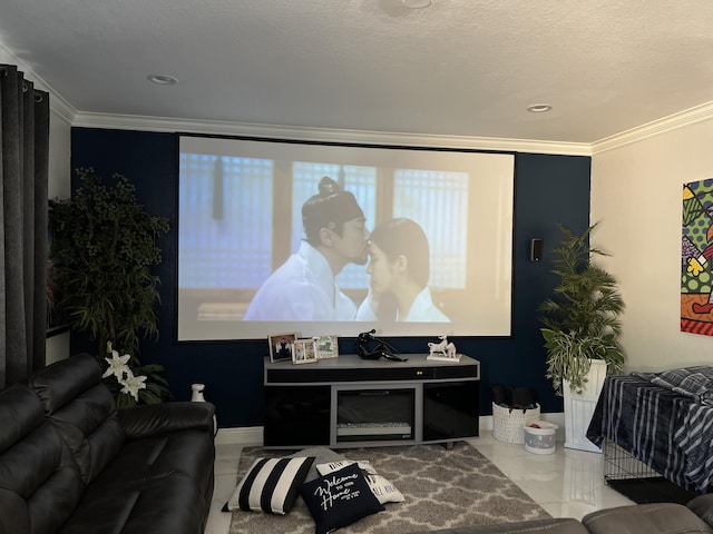 cinema featuring marble finish floor, baseboards, and crown molding