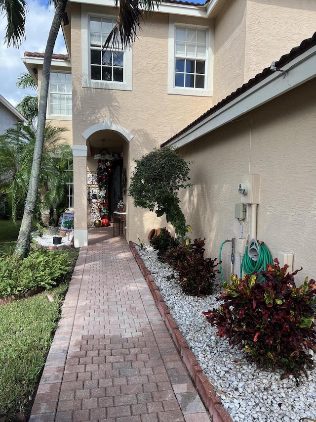 entrance to property featuring stucco siding