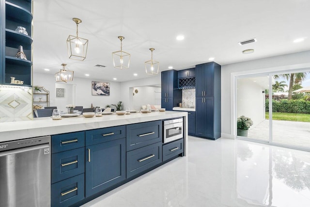 kitchen with blue cabinets, stainless steel appliances, pendant lighting, and light stone countertops