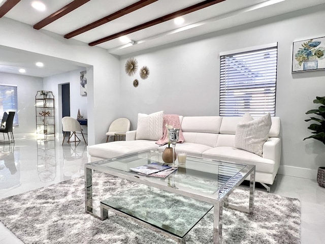 living room with beamed ceiling and a wealth of natural light