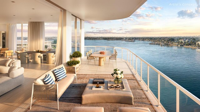 balcony at dusk featuring a water view, an outdoor living space, and a patio