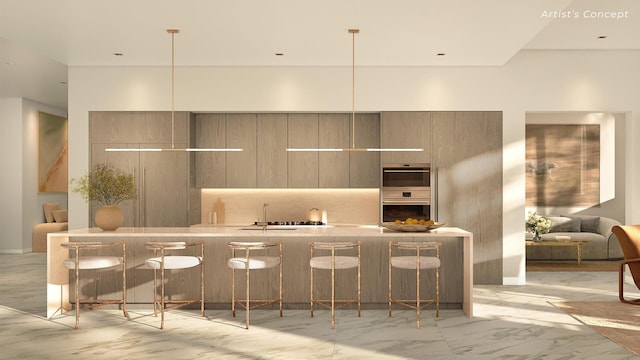 kitchen featuring pendant lighting, sink, a breakfast bar, backsplash, and stainless steel double oven