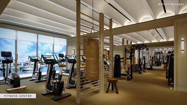 exercise area featuring carpet, coffered ceiling, and wooden walls