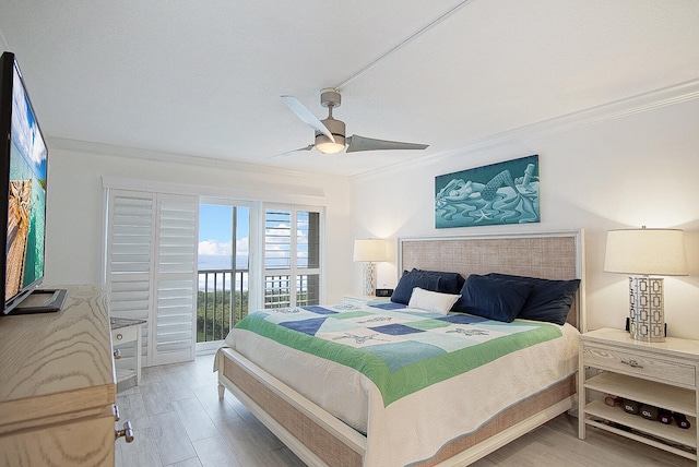 bedroom featuring access to outside, ceiling fan, crown molding, and light wood-type flooring