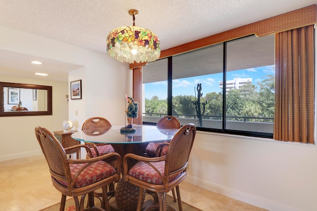 tiled dining space with a textured ceiling