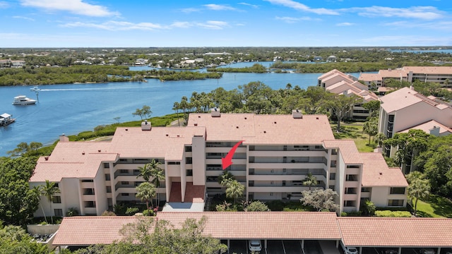 aerial view featuring a water view