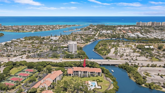 aerial view featuring a water view