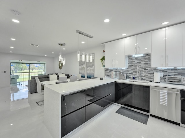 kitchen featuring decorative light fixtures, sink, white cabinets, dishwasher, and kitchen peninsula