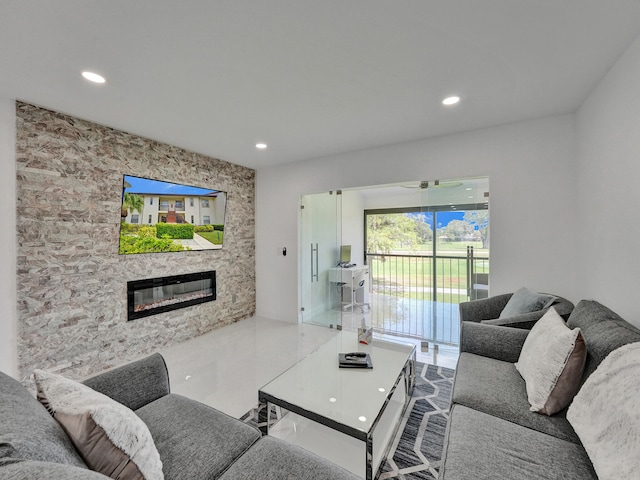 living room with a fireplace