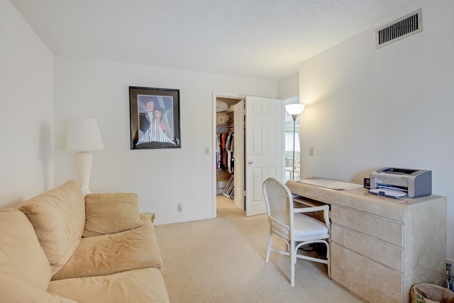 carpeted home office featuring a textured ceiling