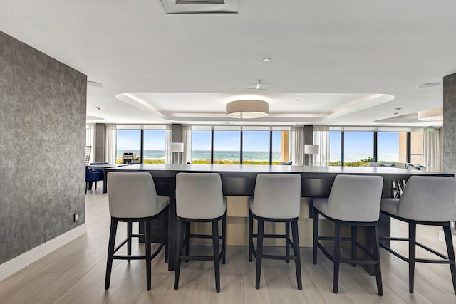 kitchen with a wealth of natural light, a raised ceiling, and a kitchen bar