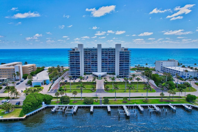 aerial view featuring a water view