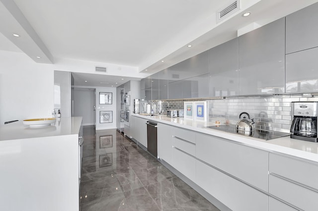 kitchen with backsplash, gray cabinets, dishwasher, tile floors, and black electric stovetop