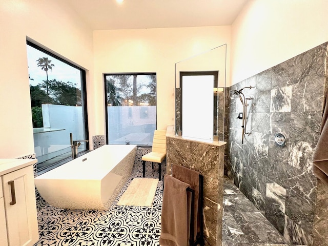 bathroom with vanity and separate shower and tub