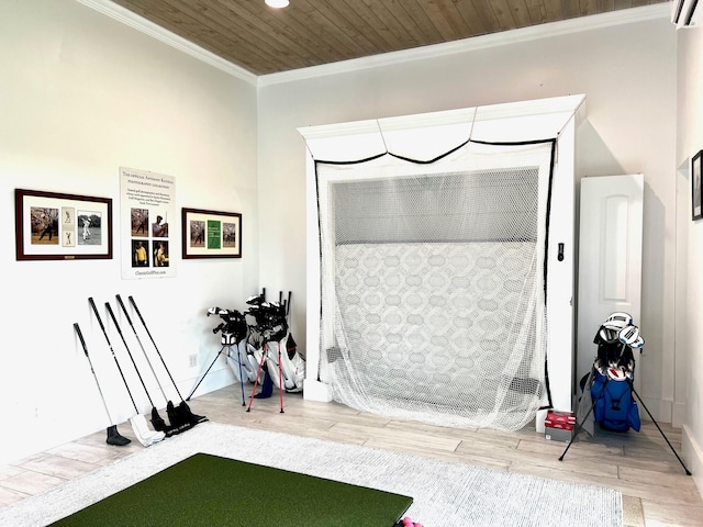 exercise room featuring wooden ceiling, hardwood / wood-style flooring, golf simulator, and crown molding