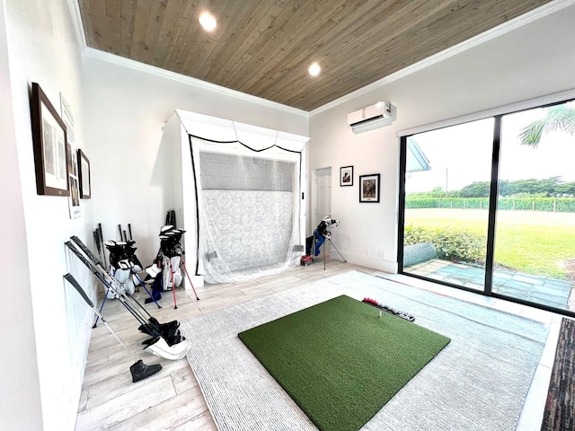 workout room featuring a wall unit AC, wooden ceiling, and crown molding