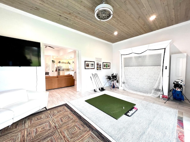 exercise area with wooden ceiling, light wood-type flooring, and ornamental molding