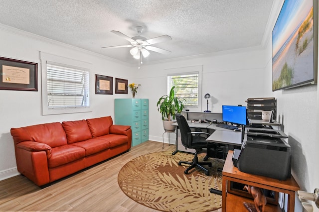 office with hardwood / wood-style flooring, a textured ceiling, and ornamental molding