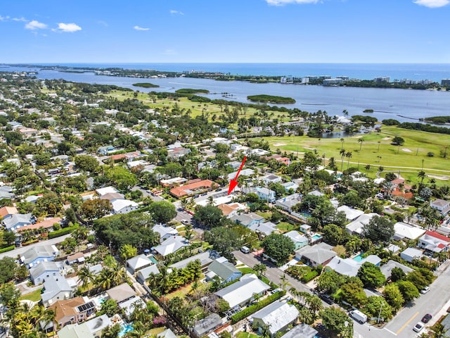 aerial view featuring a water view