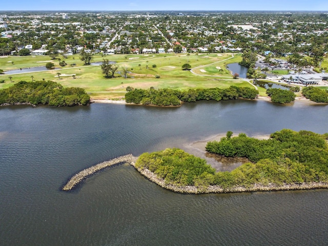 drone / aerial view with a water view