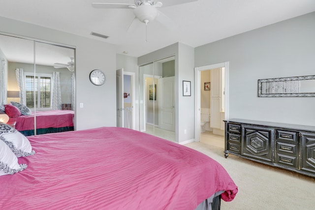 carpeted bedroom featuring ceiling fan and ensuite bathroom